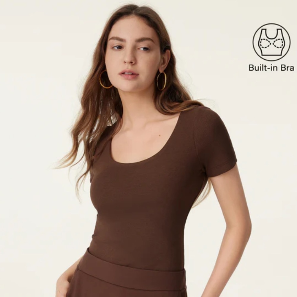 OGL Brown Scoop Neck Short Sleeve Bra Top